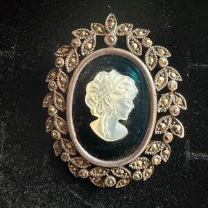 Vintage Sterling Silver Mother of Pearl Marcasite Cameo Pendant